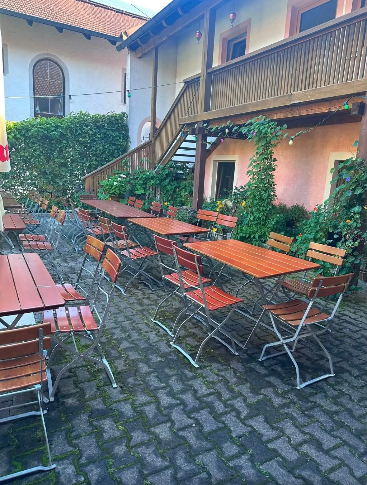 Biergarten im Innenhof unter Weinlaub